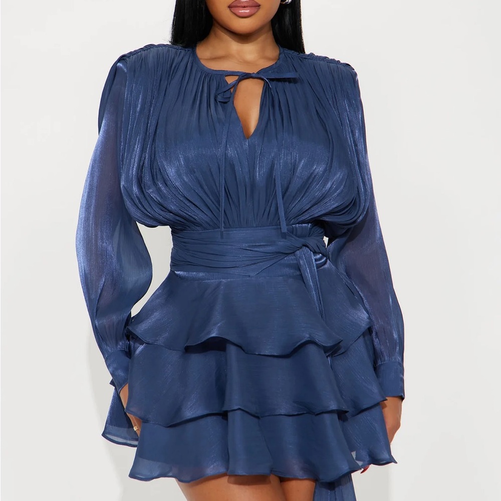 Navy Tiered Ruffle Long-Sleeve Mini Dress